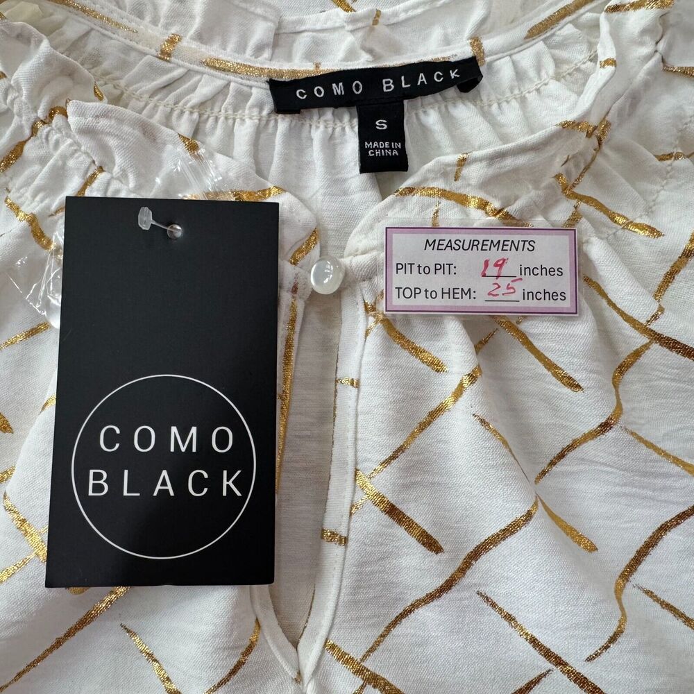Como Black Ladies Sz S Blouse White Gold Print ruched round neck keyhole - Picture 5 of 7